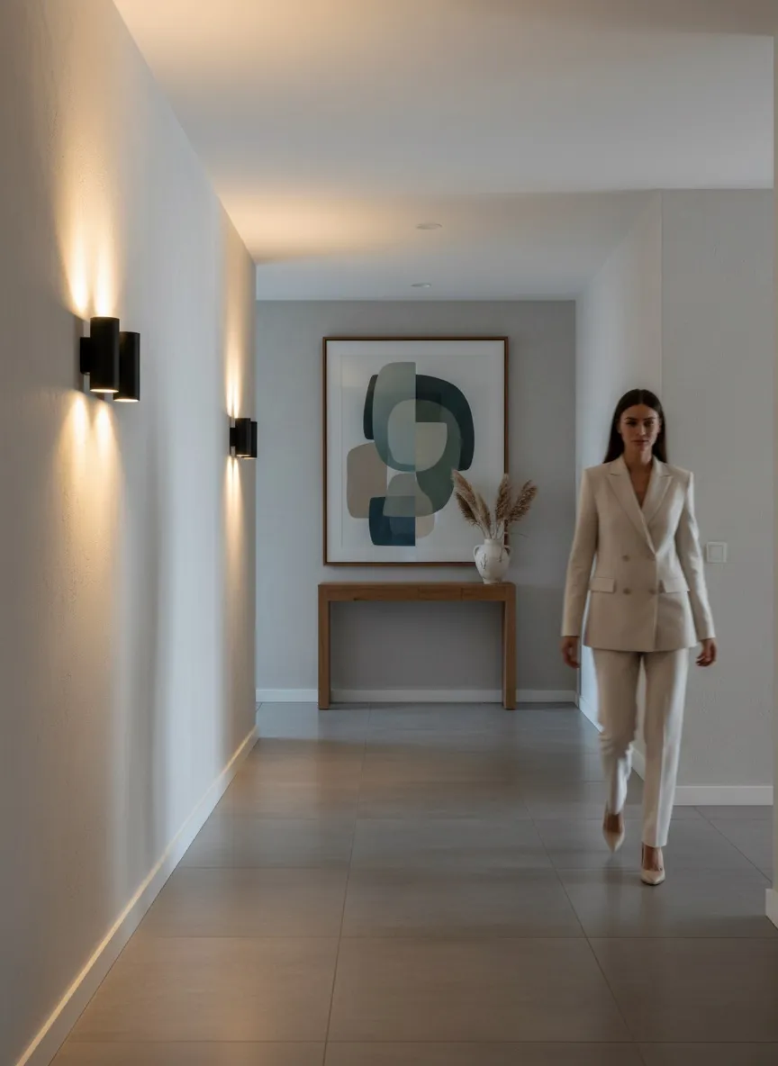 Modern bir koridorda şık aplikler