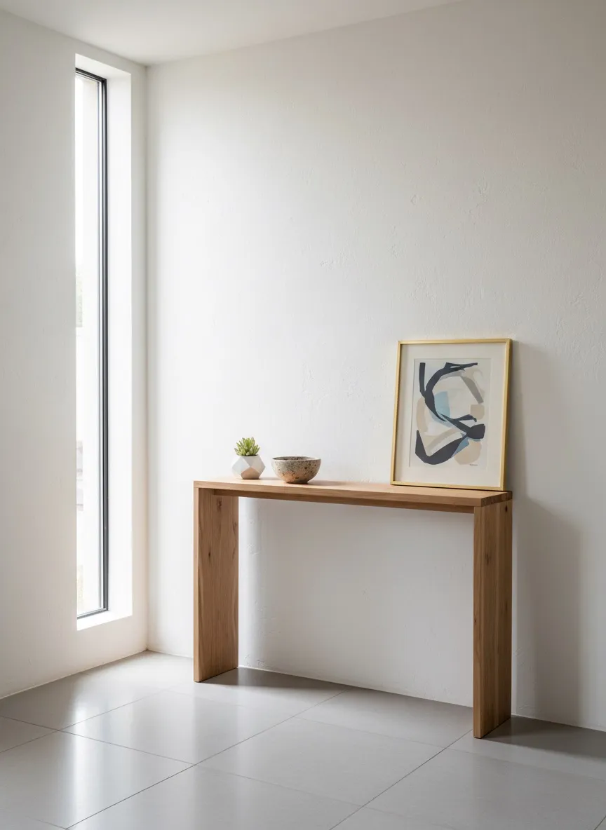 Minimalist bir koridorda dar ahşap dresuar
