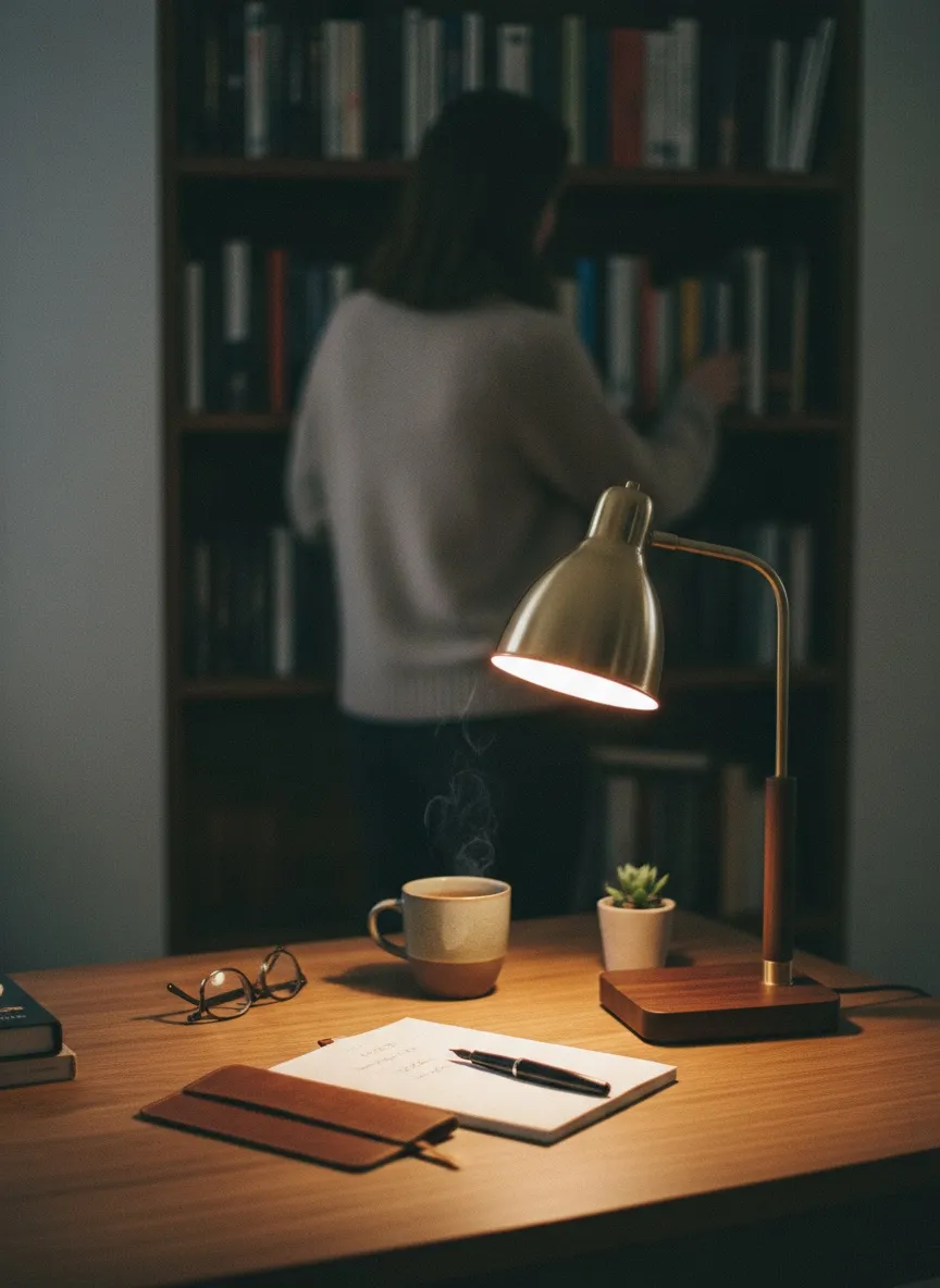 Çalışma masasında minimalist bir masa lambası