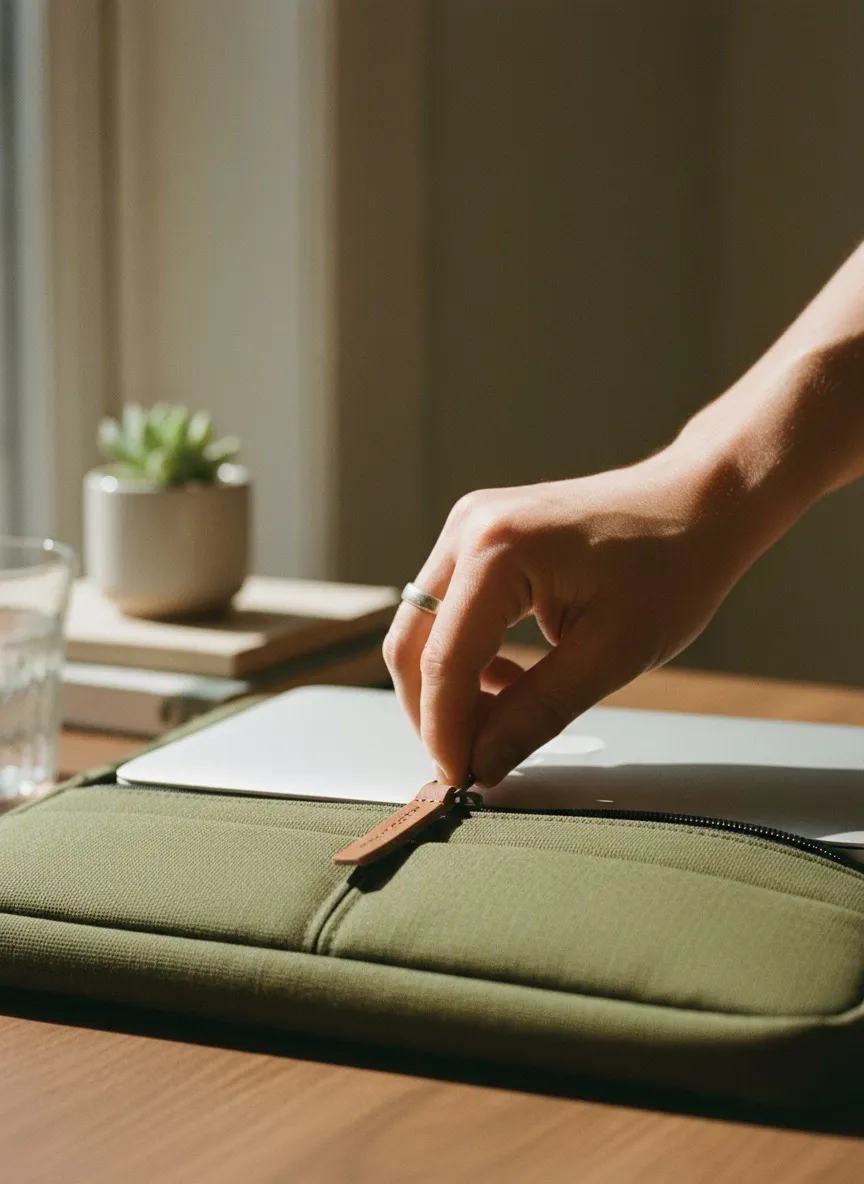 Laptop çantasının fermuarını kapatan el