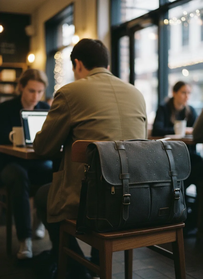 Kafe ortamında laptop çantasının materyal detayları