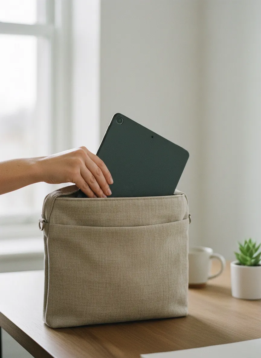 Minimalist tablet çantasından tablet çıkarma