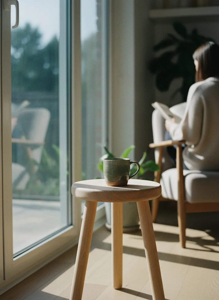 Minimalist ahşap tabure, pencere kenarında