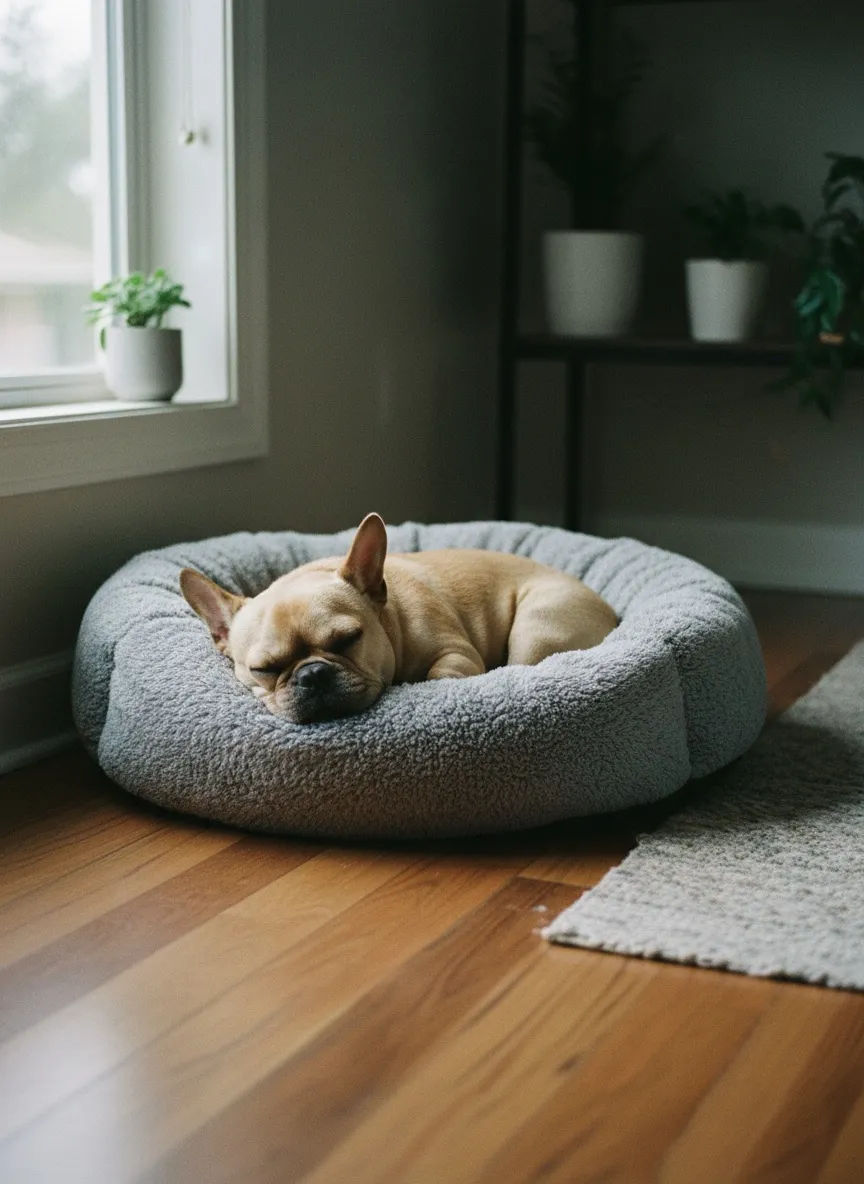 Daire şeklinde gri bir köpek yatağında uyuyan küçük bir köpek.