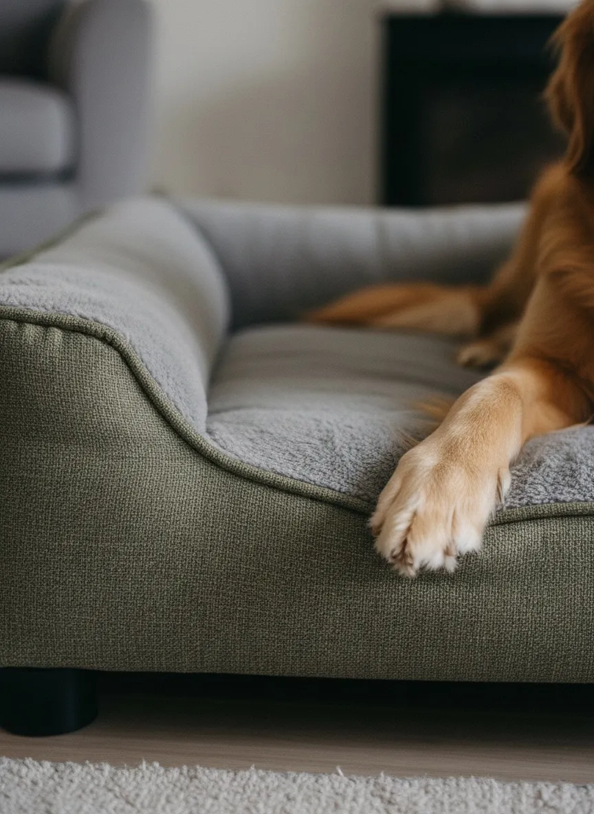 Ortopedik köpek yatağının dokulu yüzeyine konmuş bir pati.