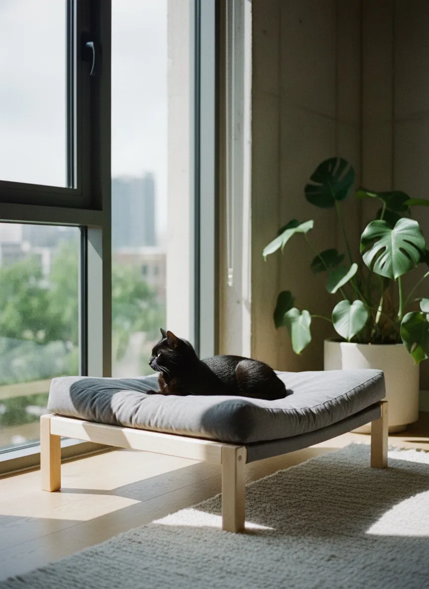Minimalist ahşap çerçeveli yükseltilmiş bir yatakta yatan zarif siyah bir kedi.