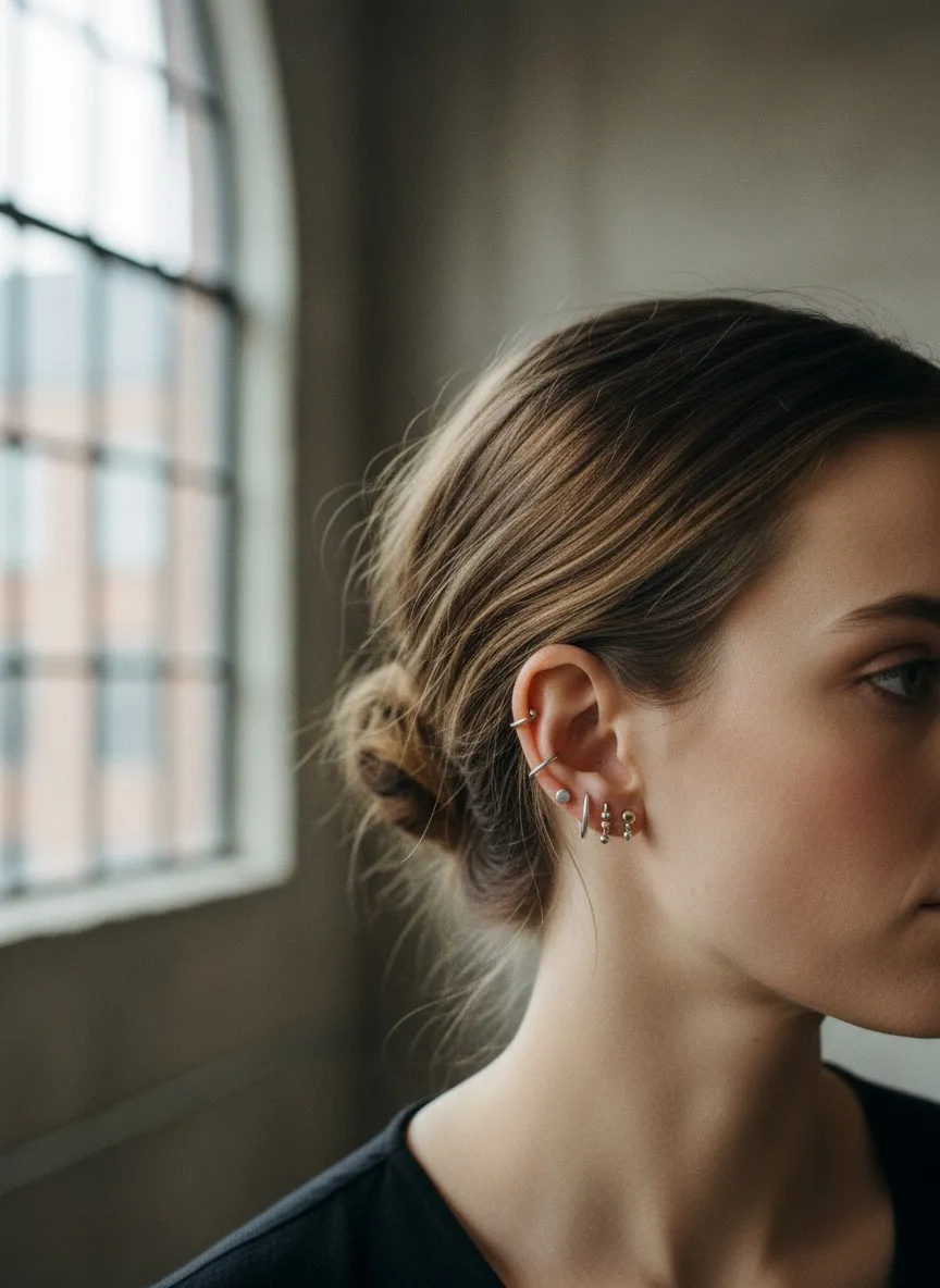 Minimalist ve earcuff küpelerin bir arada kullanıldığı bir yakın çekim.