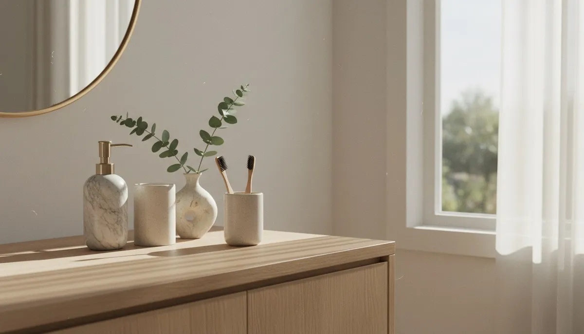 Mermer ve seramik sabunluk, diş fırçalık ve okaliptüs — banyo aksesuarları rehberi